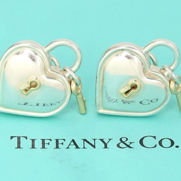 Tiffany & Co. Heart Key Padlock Clip-On Earrings Silver 925 & 18k Gold 750 Auth - Picture 12 of 16